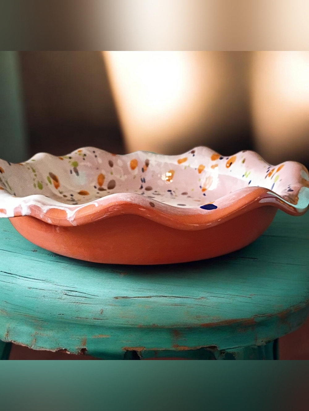 Portuguese Pottery Pie Dish Large Hand Made Splatter Design 13"